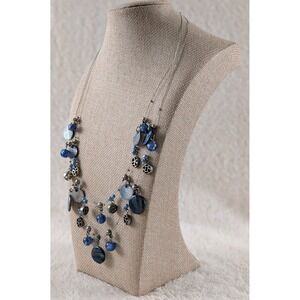 Blue Beaded Charm Necklace Silver Tone Layered Wire Statement Boho